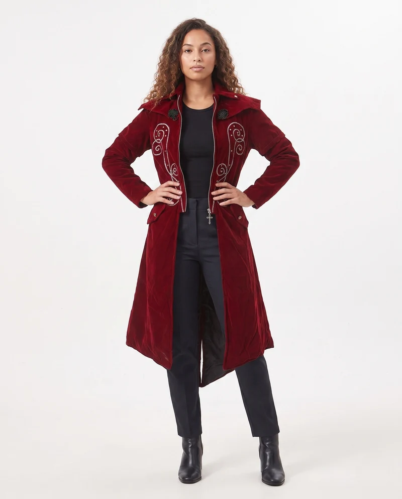 Damen Eleganter Velours-Mantel mit kunstvollen Verzierungen Drune