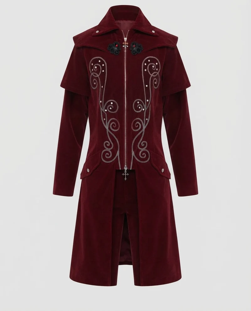 Damen Eleganter Velours-Mantel mit kunstvollen Verzierungen Drune