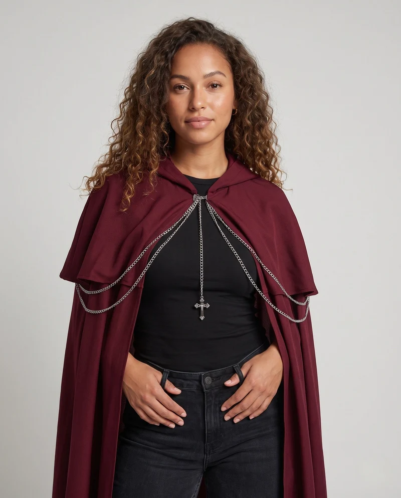Damen eleganter Zauberumhang mit Kapuze und dekorativen Kettenakzenten Drune
