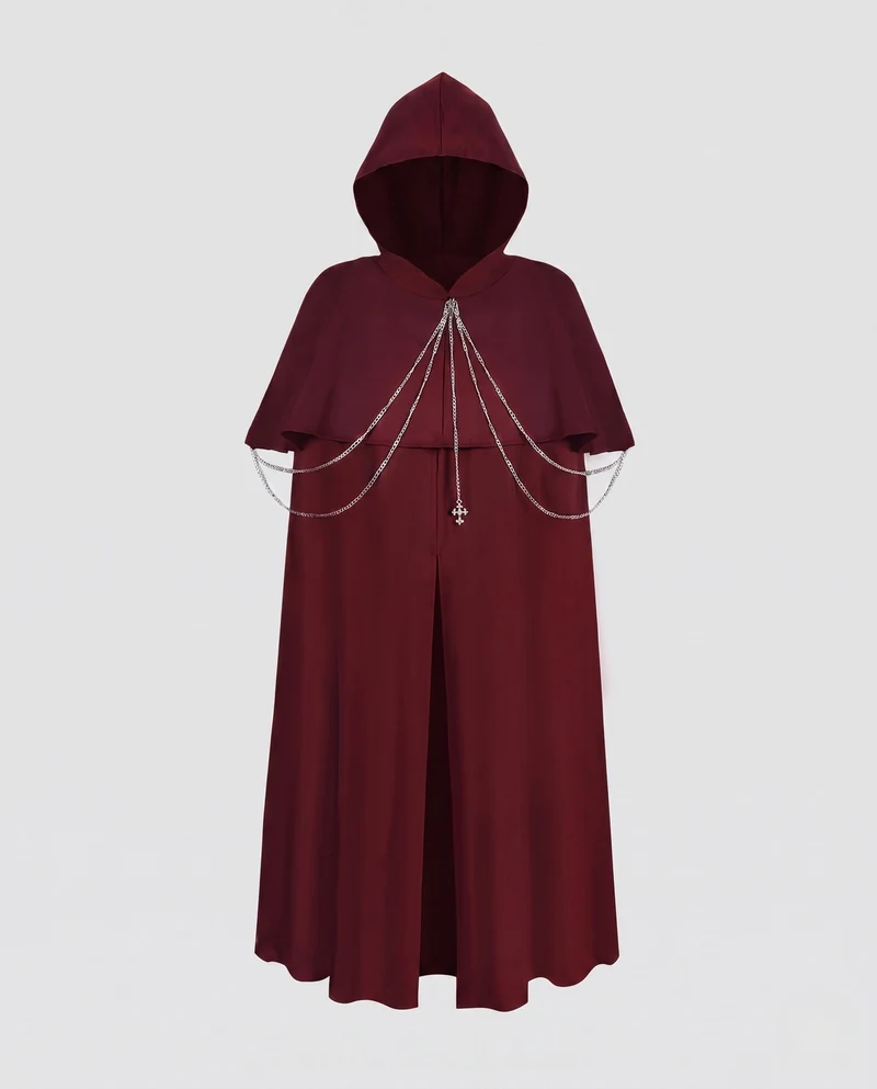 Damen eleganter Zauberumhang mit Kapuze und dekorativen Kettenakzenten Drune