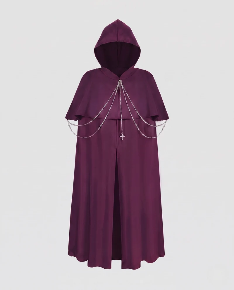 Damen eleganter Zauberumhang mit Kapuze und dekorativen Kettenakzenten Drune