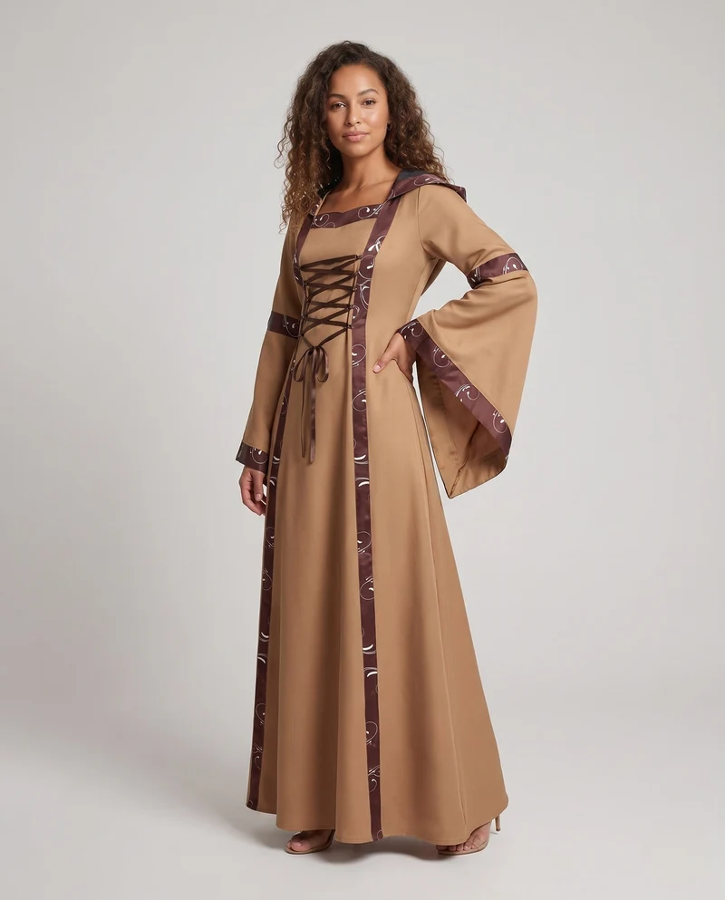 Damen elegantes Maxi-Kleid mit weitem Ärmel und Spitzenverzierungen Drune