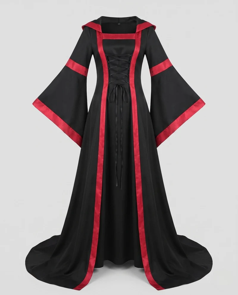 Damen elegantes Maxi-Kleid mit weitem Ärmel und Spitzenverzierungen Drune