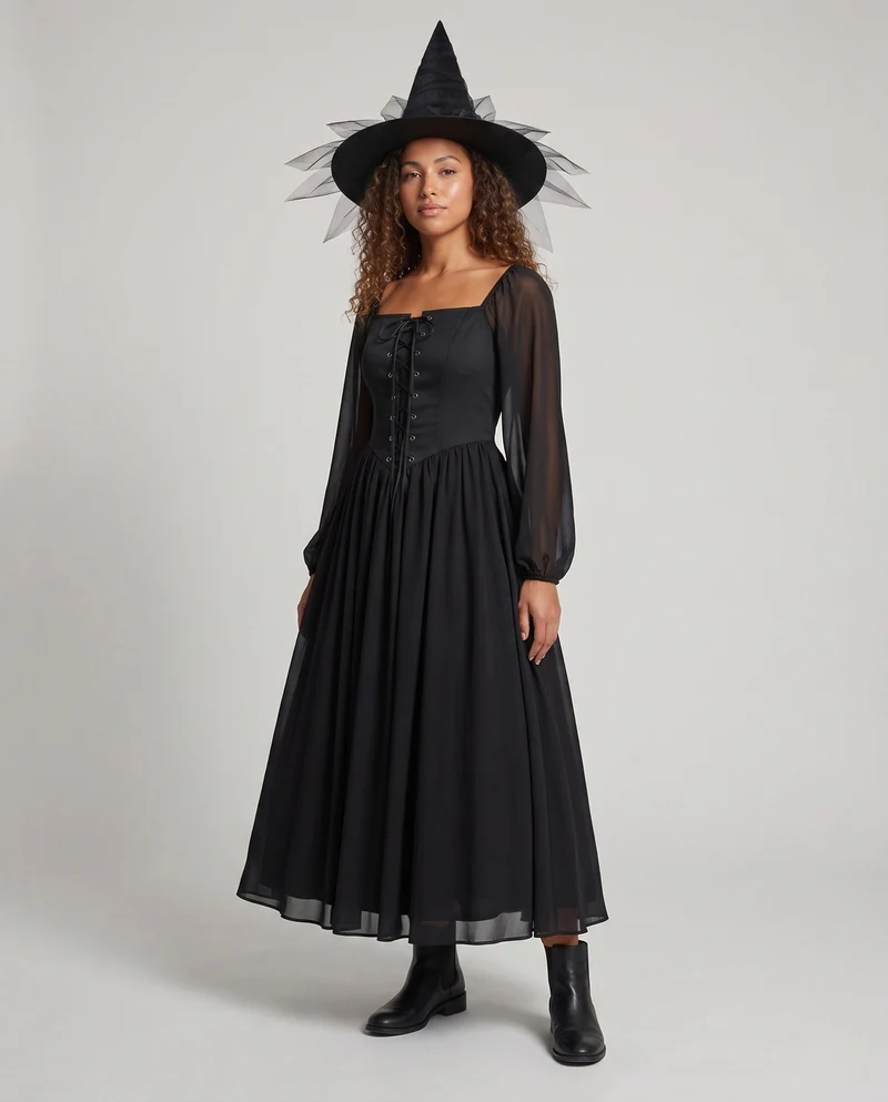 Damen Hexenkleid mit transparenten Ärmeln und verzierter Kapuze Drune