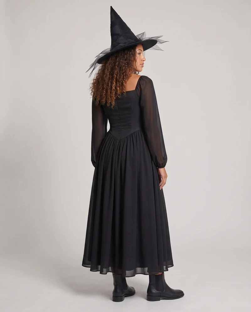 Damen Hexenkleid mit transparenten Ärmeln und verzierter Kapuze Drune