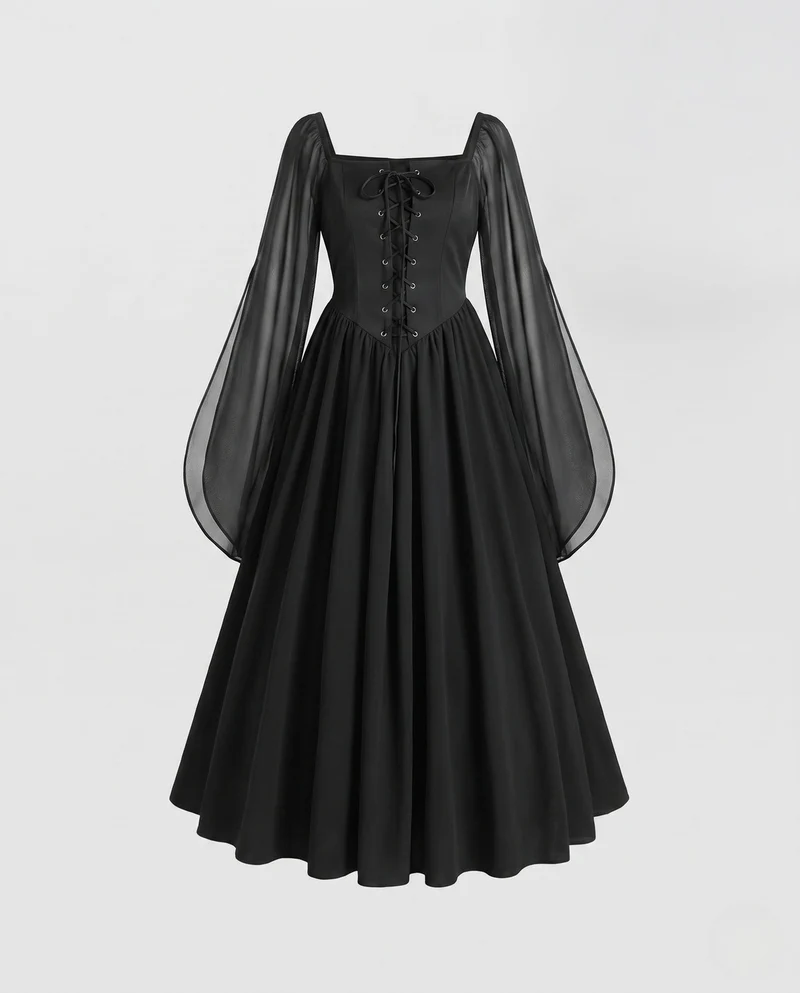 Damen Hexenkleid mit transparenten Ärmeln und verzierter Kapuze Drune