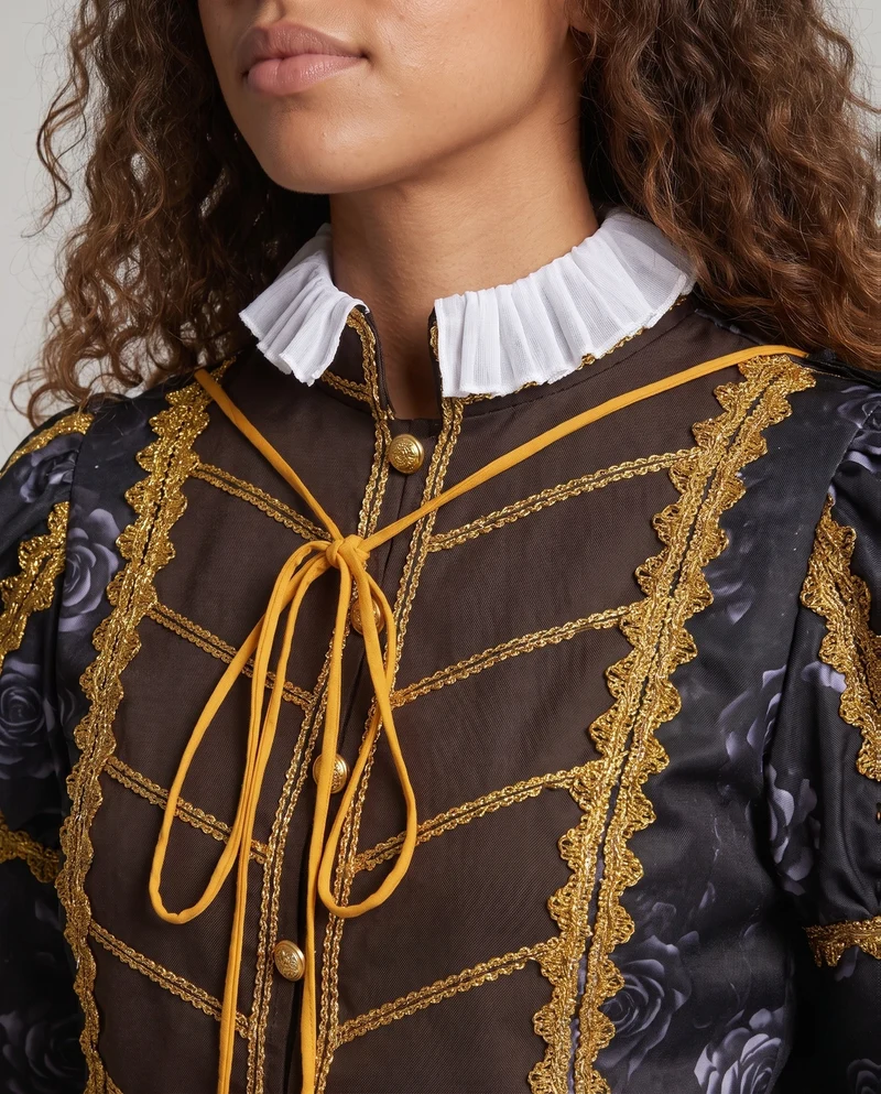 Damen historisches Kostümset mit goldenen Verzierungen und elegantem Umhang Drune