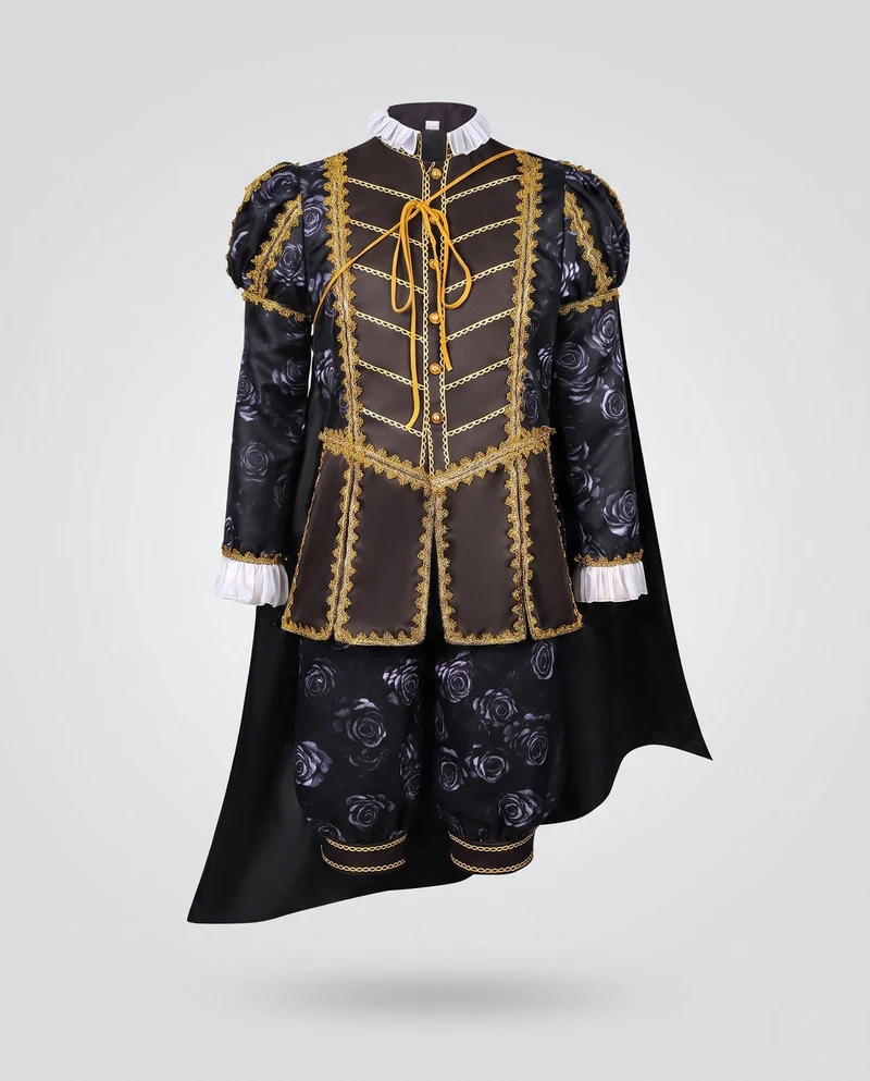 Damen historisches Kostümset mit goldenen Verzierungen und elegantem Umhang Drune
