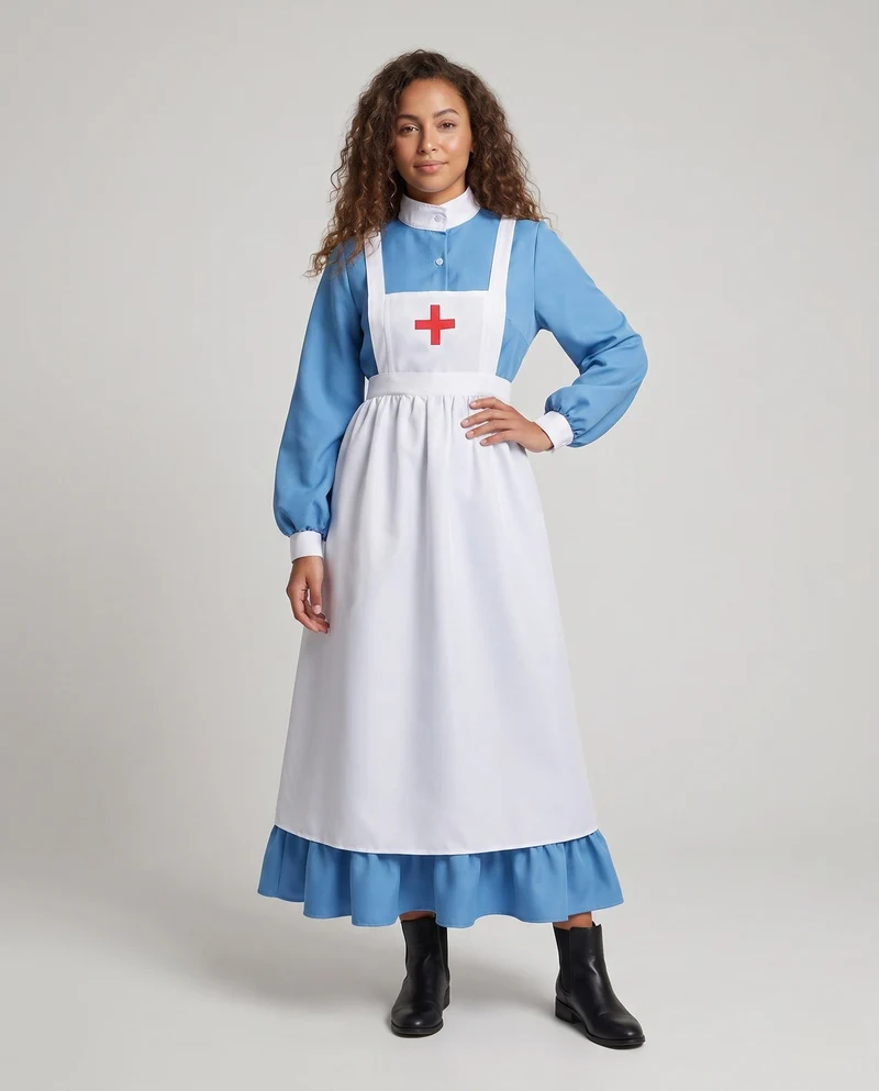 Damen historisches Krankenschwesterkleid mit Schürze und langen Ärmeln Drune