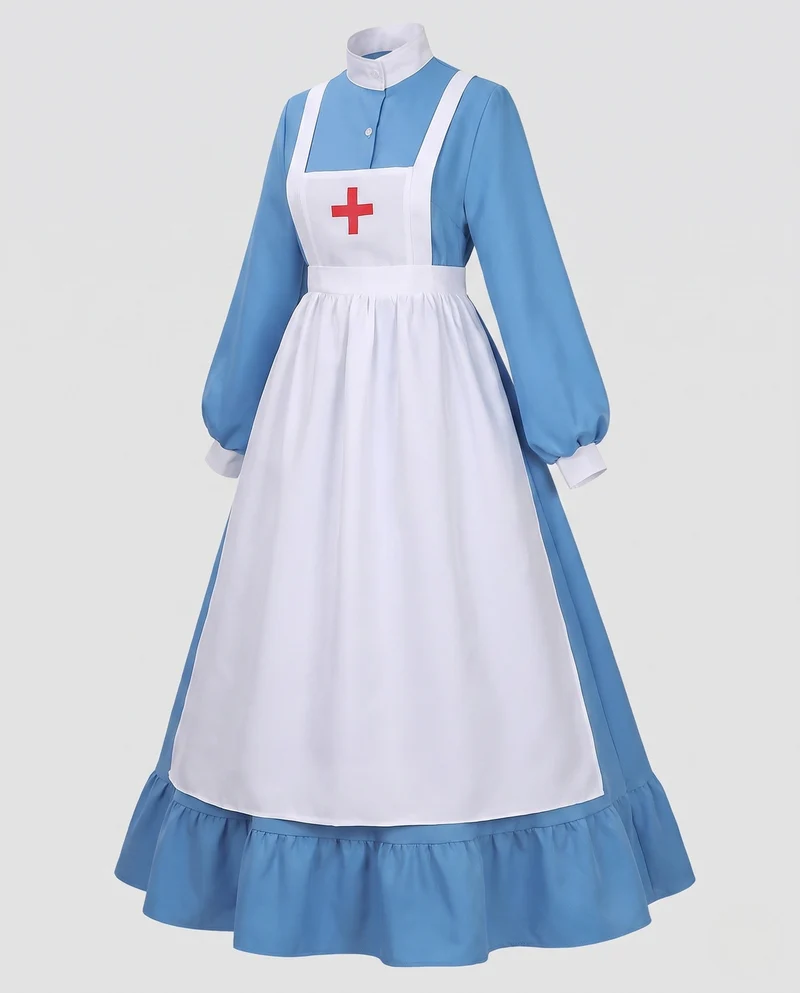 Damen historisches Krankenschwesterkleid mit Schürze und langen Ärmeln Drune