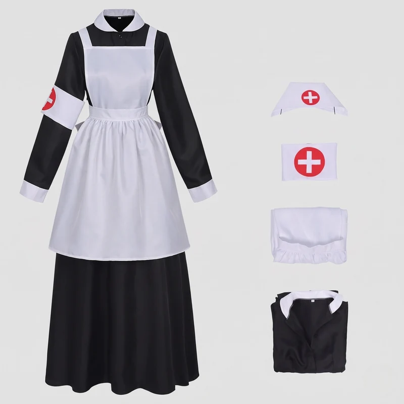 Damen historisches Krankenschwesterkleid mit Schürze und langen Ärmeln Drune