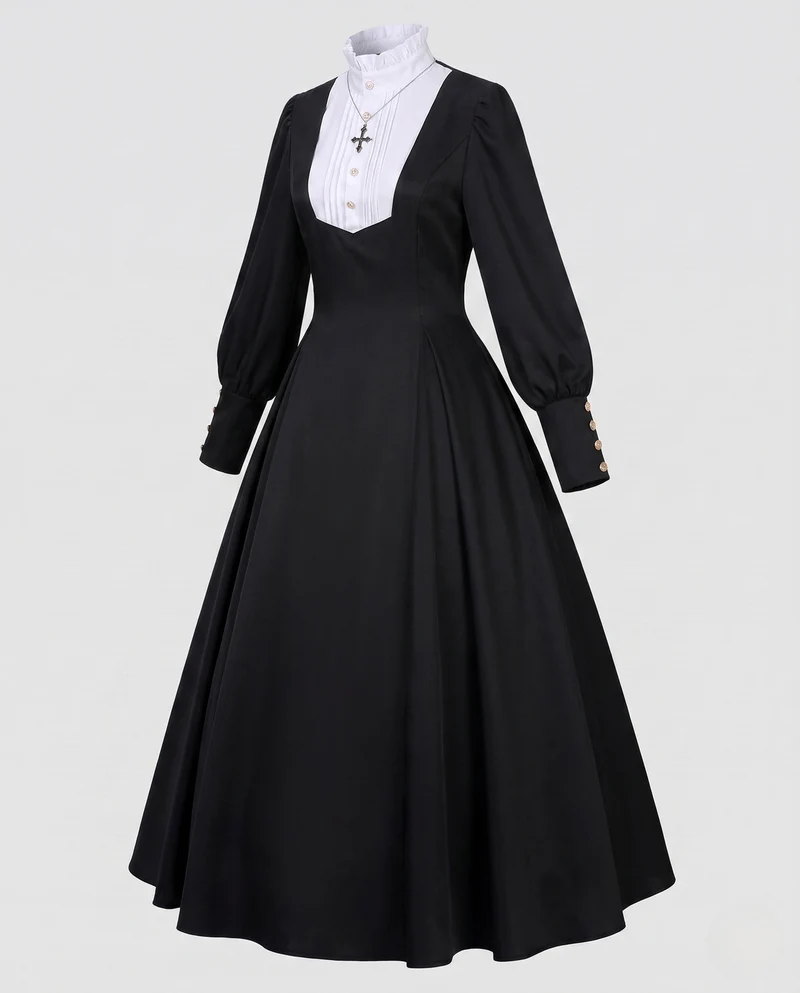 Damen historisches Krankenschwesterkleid mit Schürze und langen Ärmeln Drune