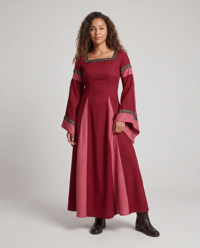 Damen Historisches Lange Kleid mit Eleganten Ärmeln und Schnürung Drune