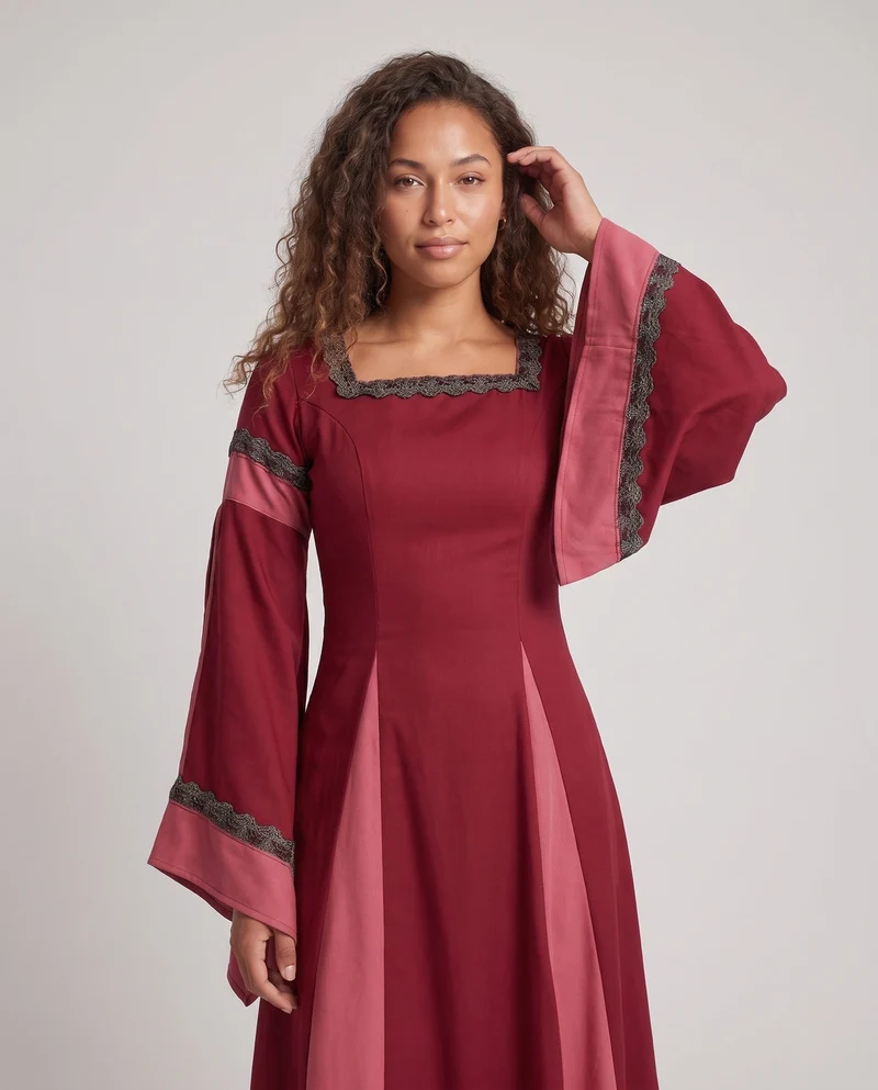 Damen Historisches Lange Kleid mit Eleganten Ärmeln und Schnürung Drune