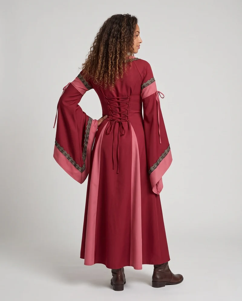 Damen Historisches Lange Kleid mit Eleganten Ärmeln und Schnürung Drune