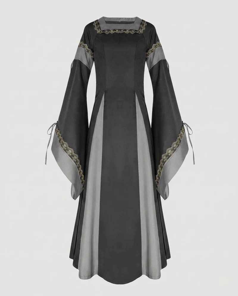 Damen Historisches Lange Kleid mit Eleganten Ärmeln und Schnürung Drune