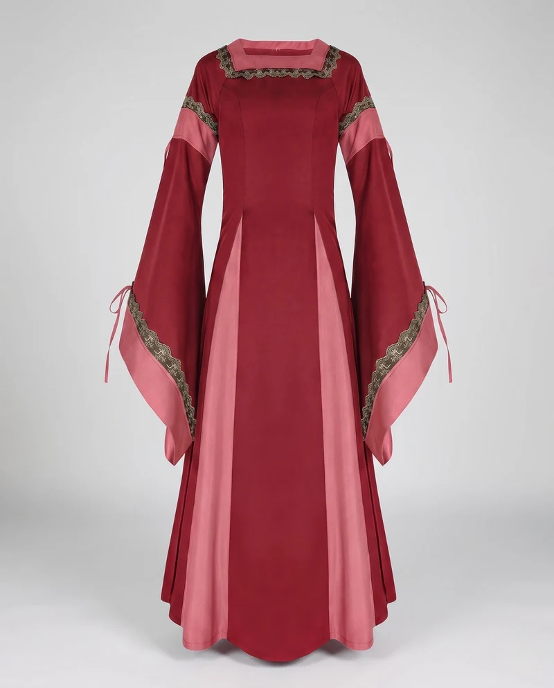 Damen Historisches Lange Kleid mit Eleganten Ärmeln und Schnürung Drune