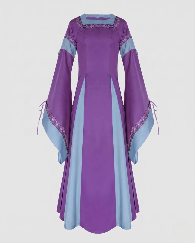 Damen Historisches Lange Kleid mit Eleganten Ärmeln und Schnürung Drune