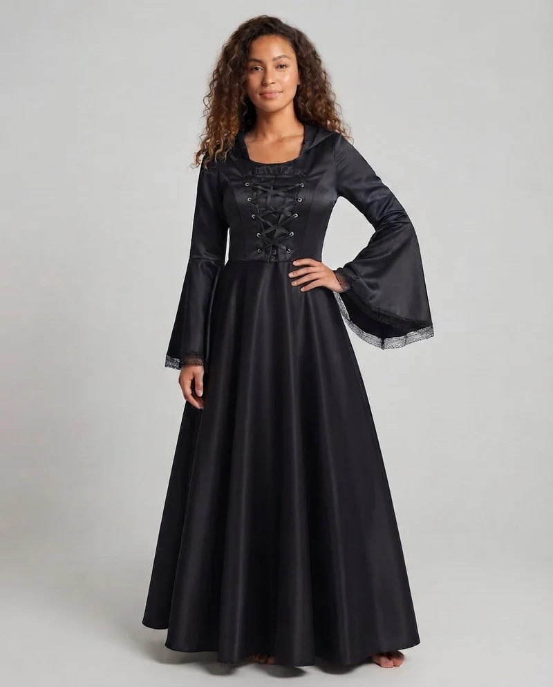 Damen Kapuzenkleid mit schwingendem Rock und Spitzenverzierungen Drune