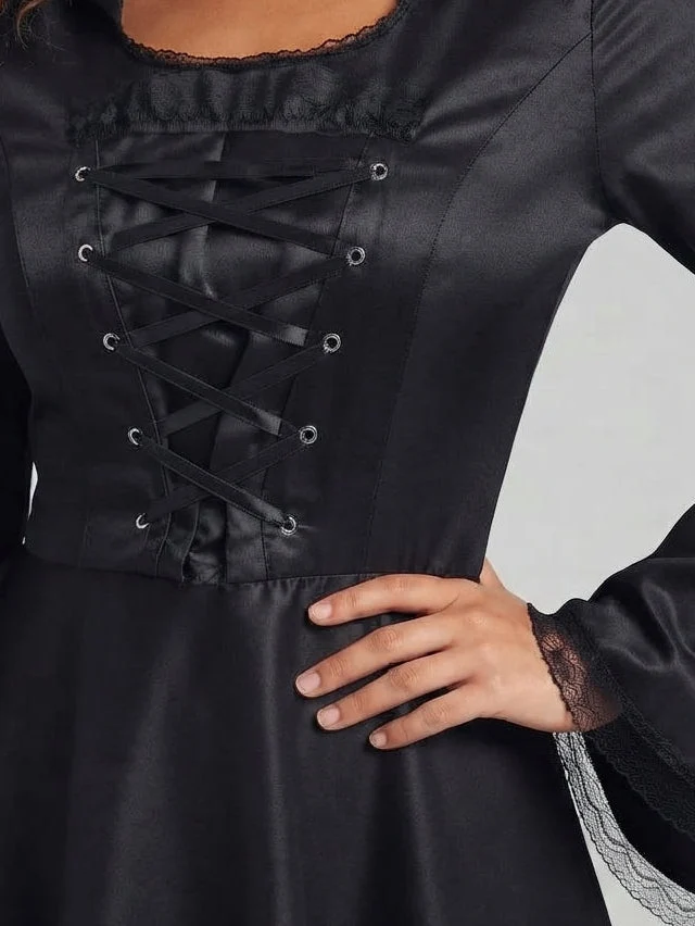 Damen Kapuzenkleid mit schwingendem Rock und Spitzenverzierungen Drune