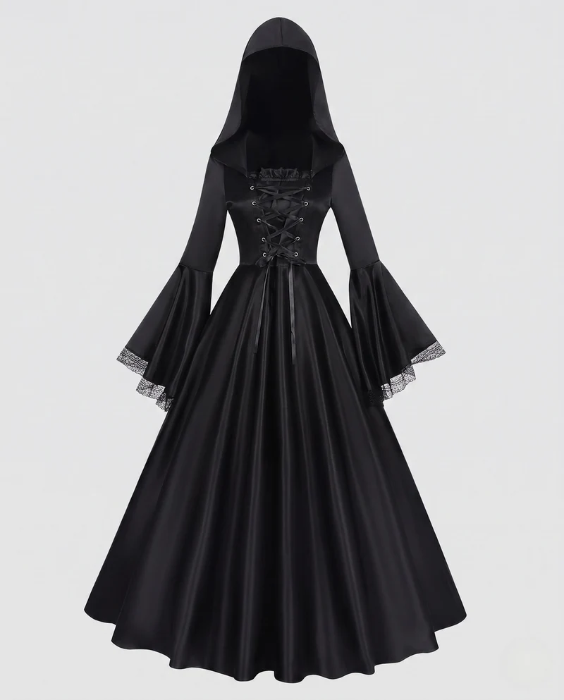 Damen Kapuzenkleid mit schwingendem Rock und Spitzenverzierungen Drune