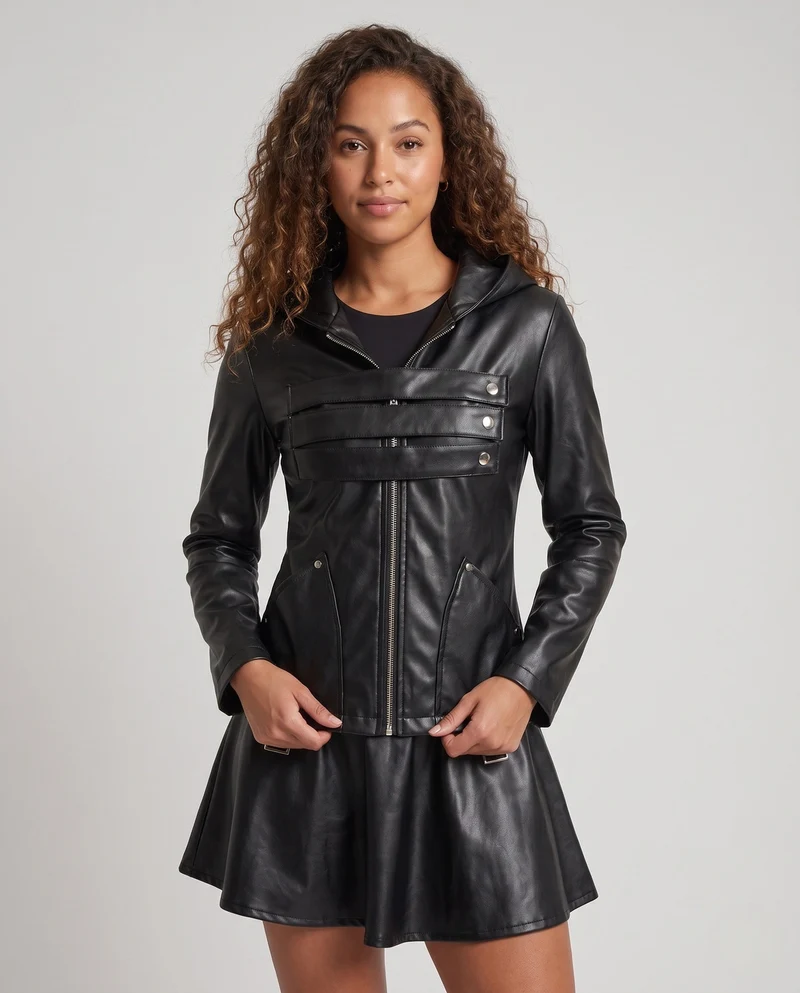 Damen Kunstlederjacke mit abnehmbarem Rock und praktischen Taschen Drune