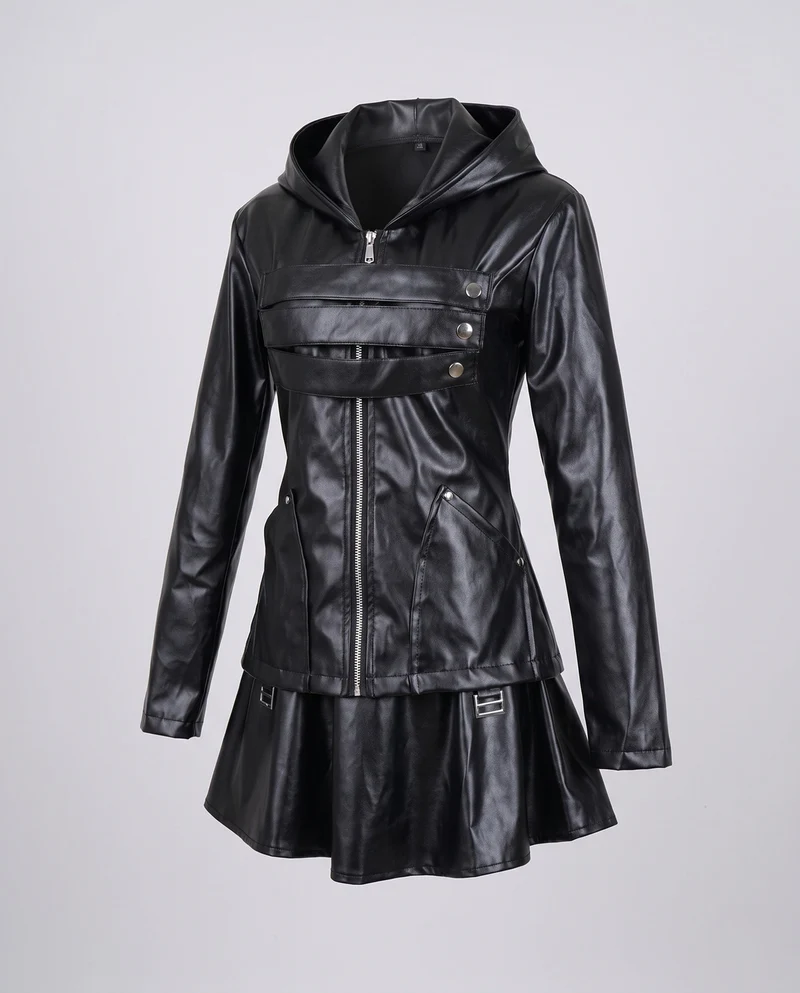 Damen Kunstlederjacke mit abnehmbarem Rock und praktischen Taschen Drune