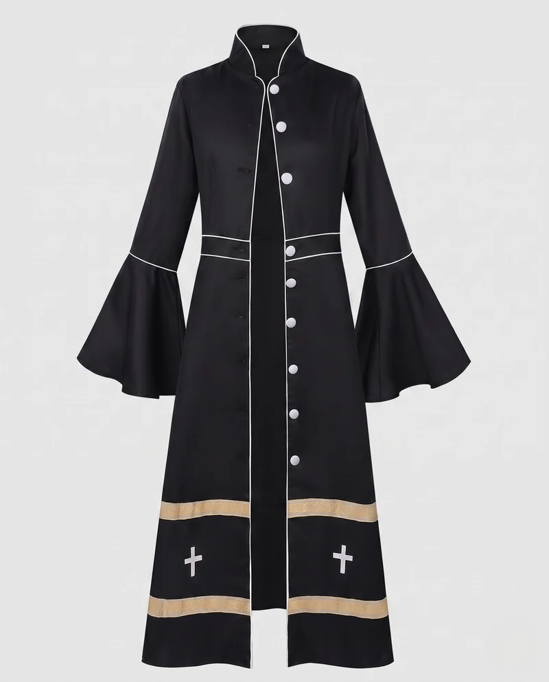 Damen Langarmkleid mit Glockenärmeln und goldenen Akzenten Drune