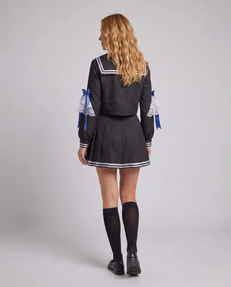 Damen Schuluniform Kostüm-Set mit Bluse, Rock und Halstuch Drune