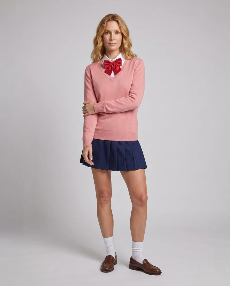 Damen Schuluniformkostümset mit Plissee-Rock, Pullover und Accessoires Drune