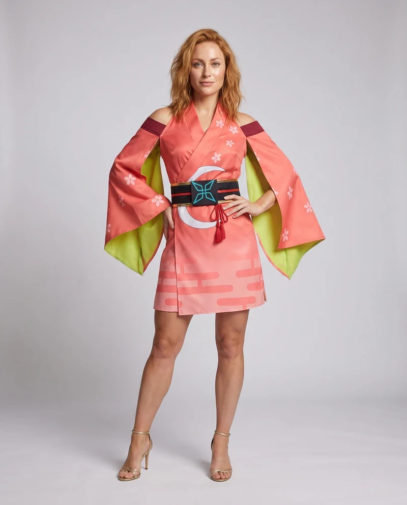 Damen traditionelles Kimono-Kleid mit kunstvollen Verzierungen und elegantem Bindegürtel Drune
