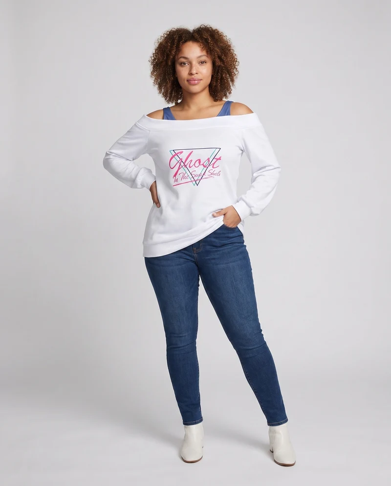Damen trendy Freizeitoberteil mit Schulterfreiem Design und auffälligem Druck Drune