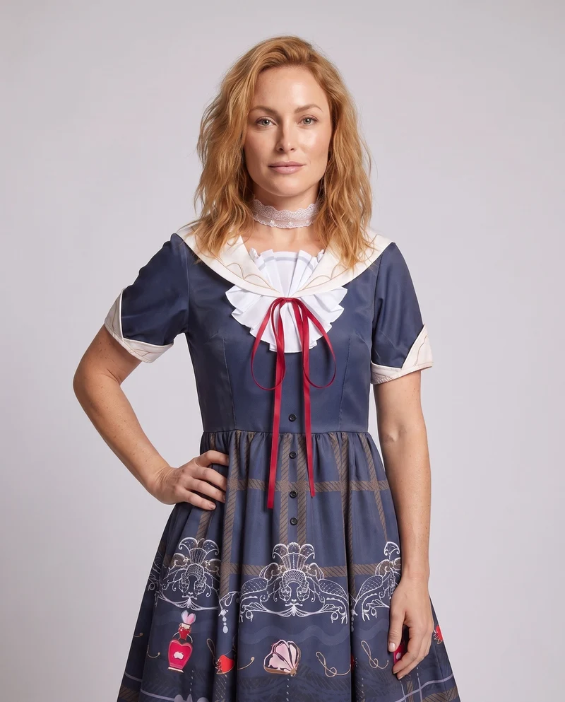 Damen verspieltes Gothic-Kleid mit eleganten Rüschendetails und kunstvollen Accessoires Drune