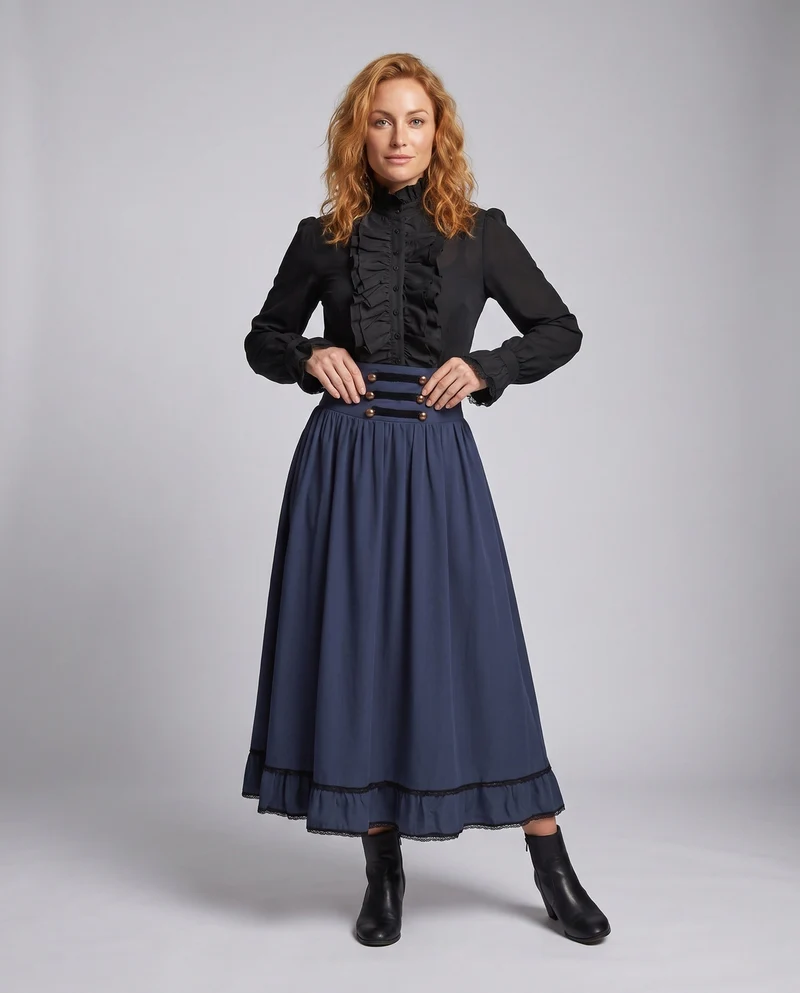 Damen viktorianisches Kleid mit Rüschen und Zierknöpfen Drune