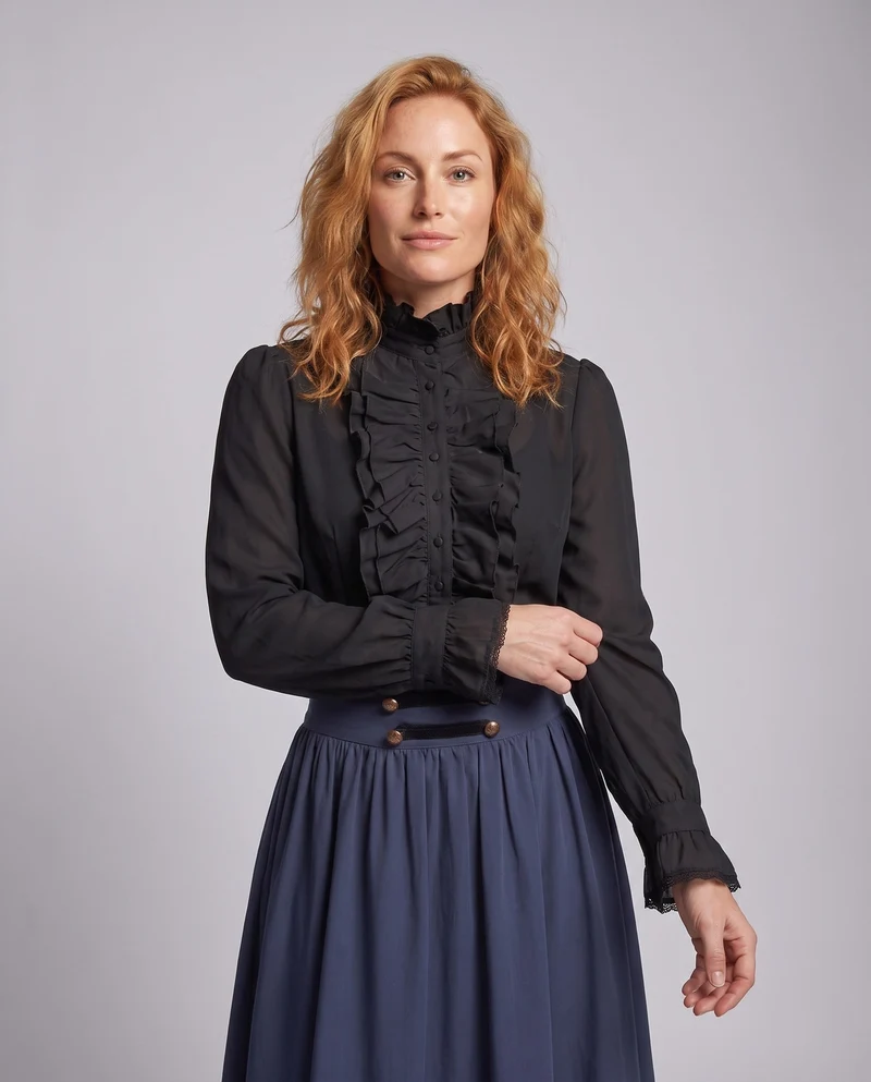 Damen viktorianisches Kleid mit Rüschen und Zierknöpfen Drune