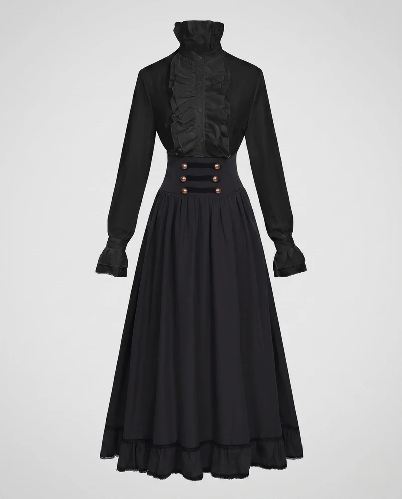 Damen viktorianisches Kleid mit Rüschen und Zierknöpfen Drune