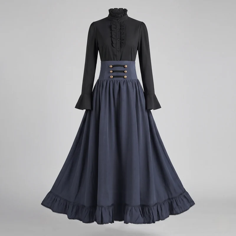 Damen viktorianisches Kleid mit Rüschen und Zierknöpfen Drune