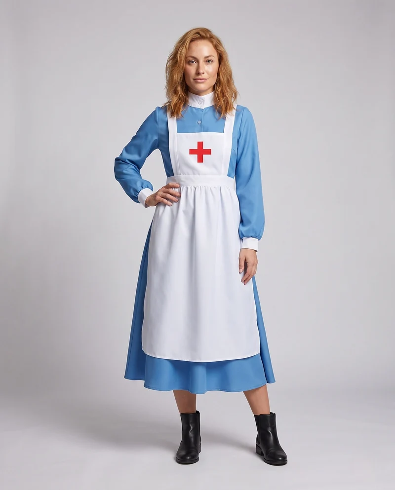 Damen Vintage Krankenschwesternkleid mit weißem Schürzen-Akzent Drune