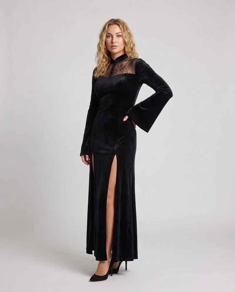 Damen Abendkleid mit Spitzenuntersetzung und tiefem Schlitz Drune
