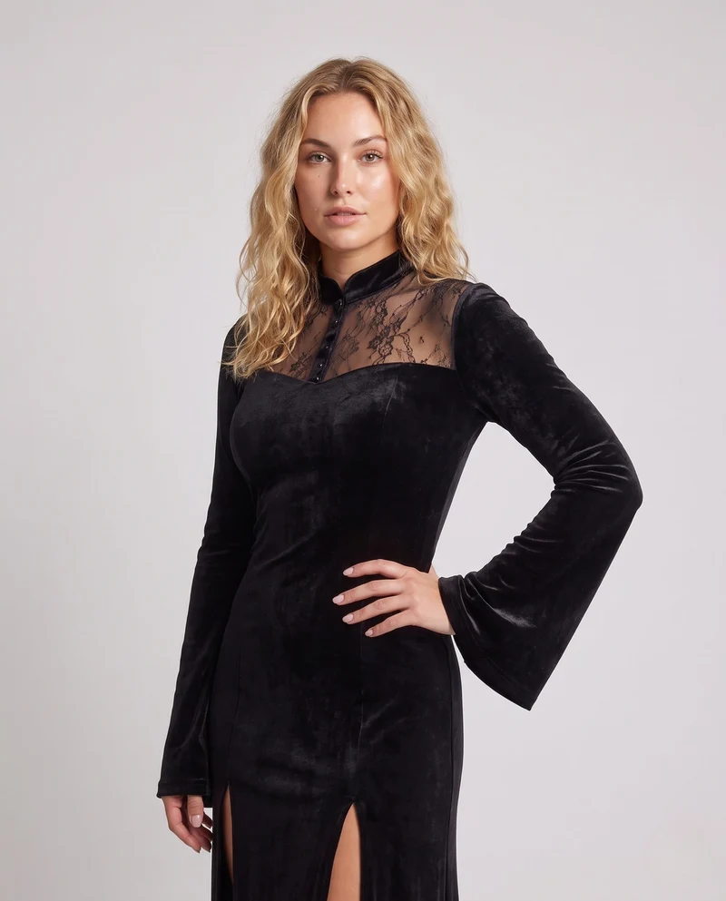 Damen Abendkleid mit Spitzenuntersetzung und tiefem Schlitz Drune