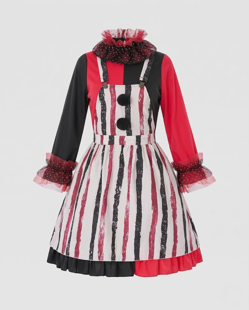 Damen Clown-Kostüm mit verspieltem Rüschendetail und hochgeschlossenem Kragen Drune