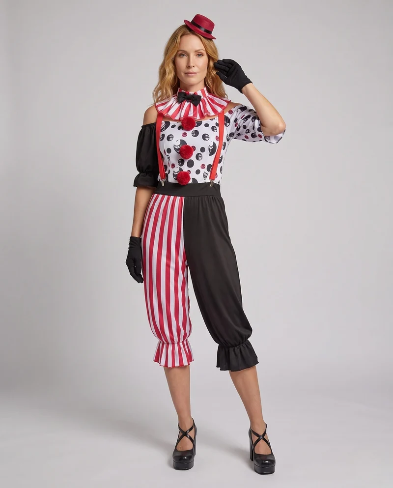 Damen Clownkostüm mit gestreiftem Design und verspielten Akzenten Drune