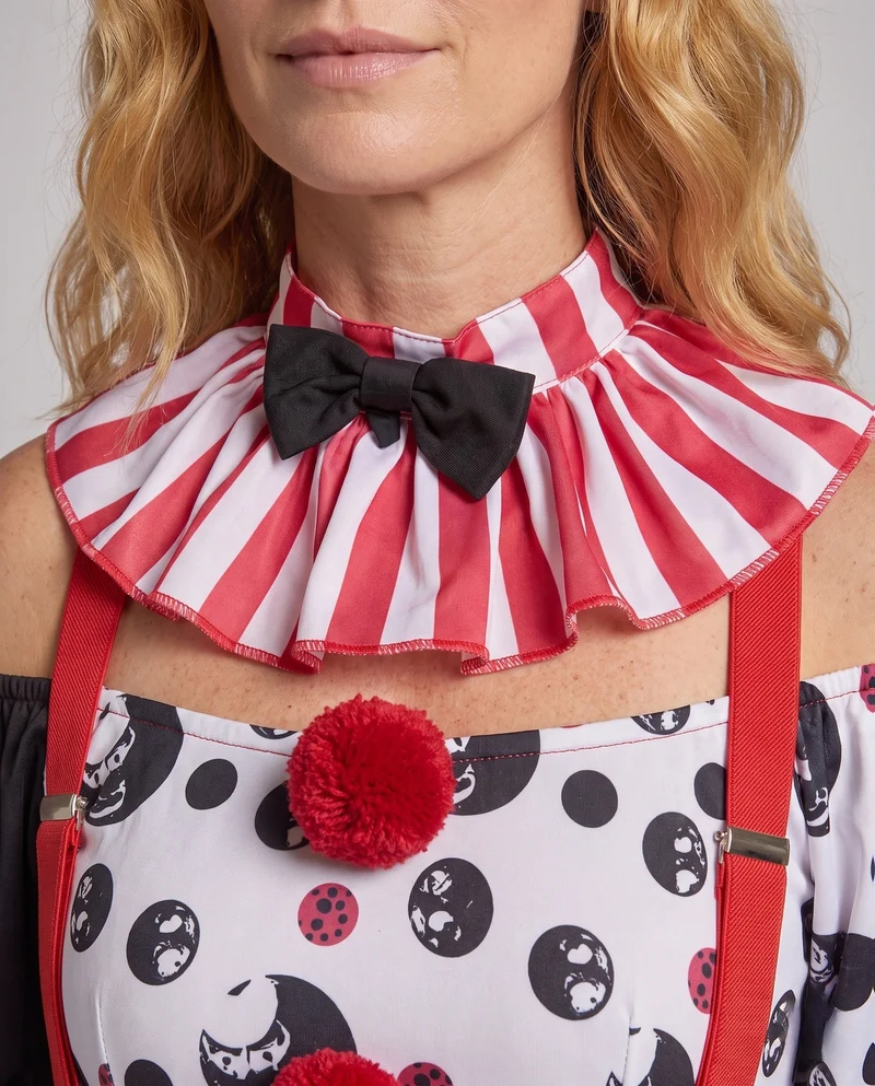 Damen Clownkostüm mit gestreiftem Design und verspielten Akzenten Drune