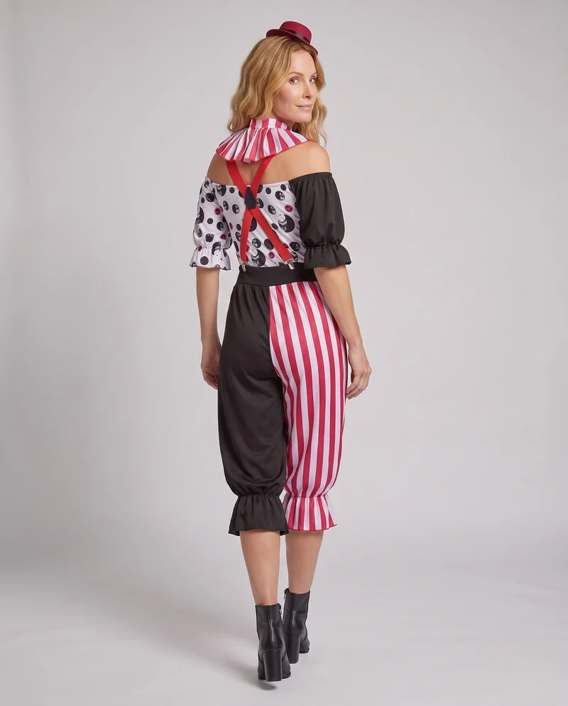 Damen Clownkostüm mit gestreiftem Design und verspielten Akzenten Drune