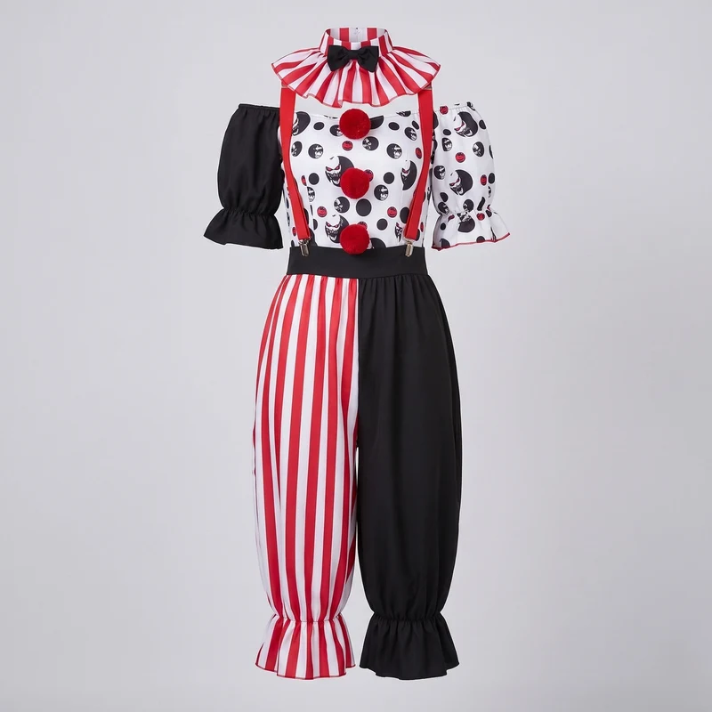Damen Clownkostüm mit gestreiftem Design und verspielten Akzenten Drune