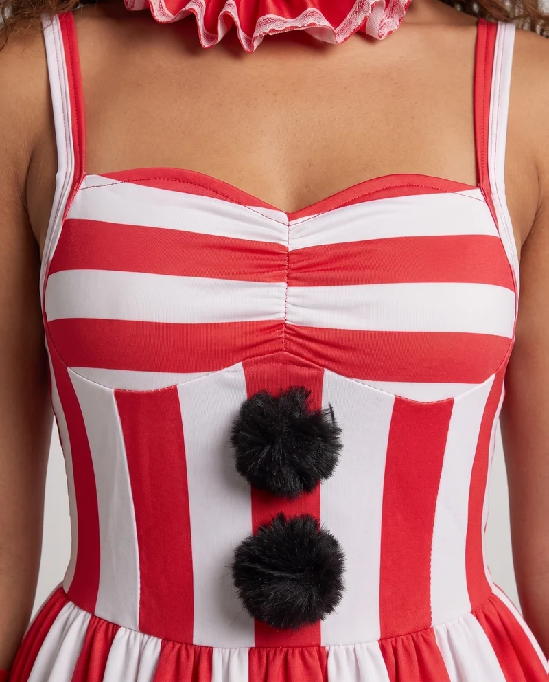 Damen Clownkostüm mit Streifen und Rüschen Drune