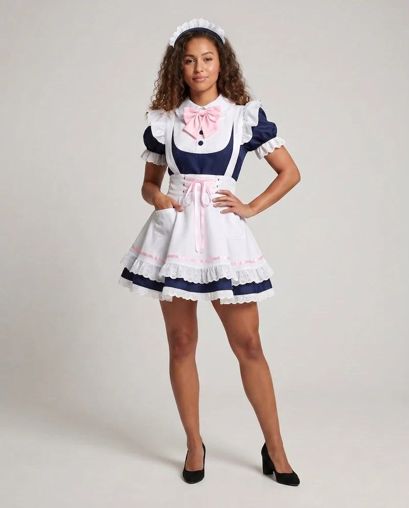 Damen Dienstmädchen-Kleid mit Rüschendetails und Haarschmuck Drune