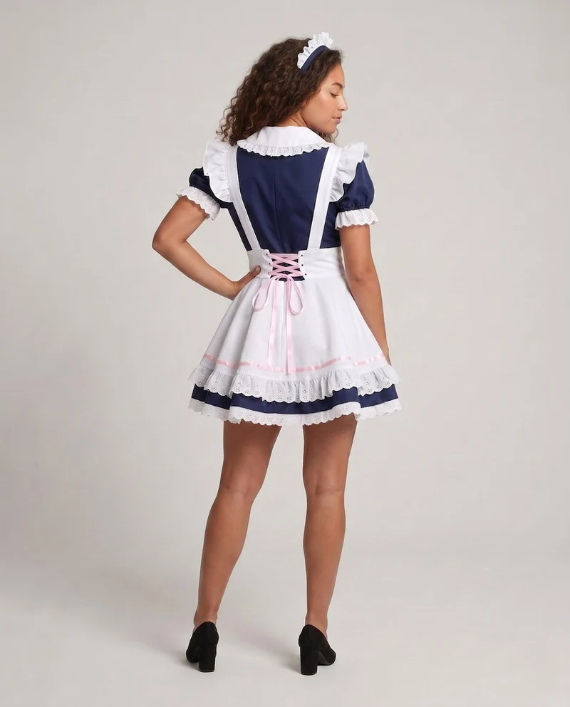 Damen Dienstmädchen-Kleid mit Rüschendetails und Haarschmuck Drune