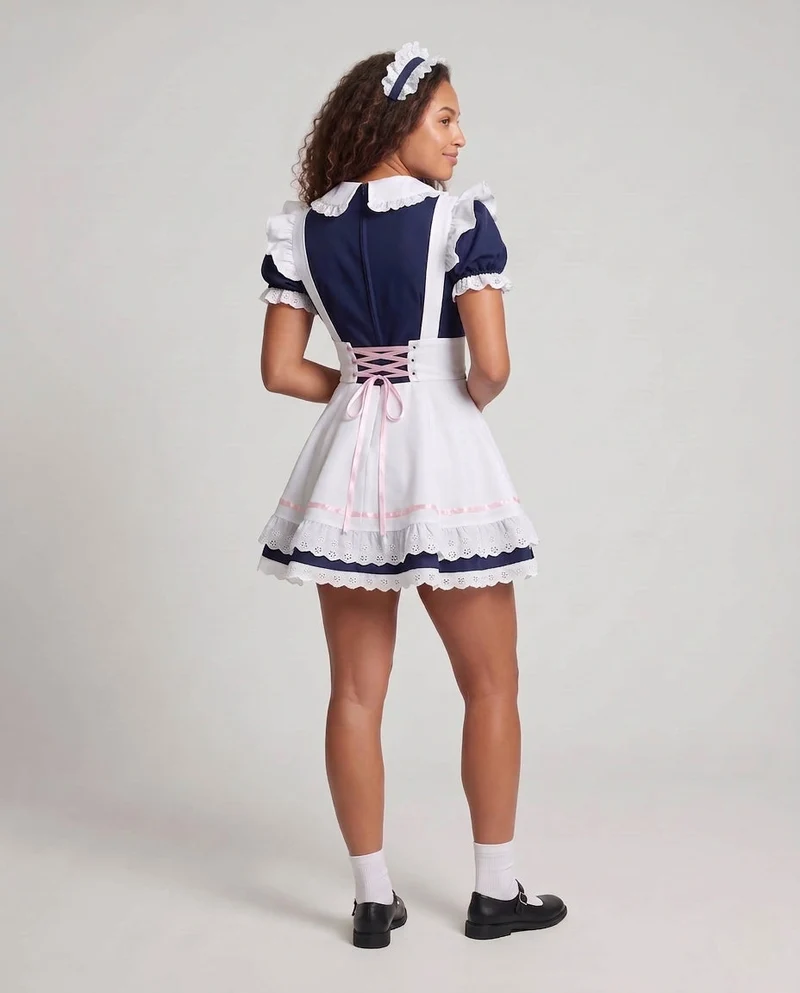 Damen Dienstmädchen-Kleid mit Spitzen- und Rüschenakzenten Drune