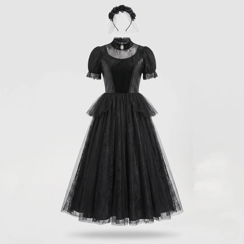 Damen Elegantes Gothic-Kleid mit Spitzen- und Tüllakzenten Drune